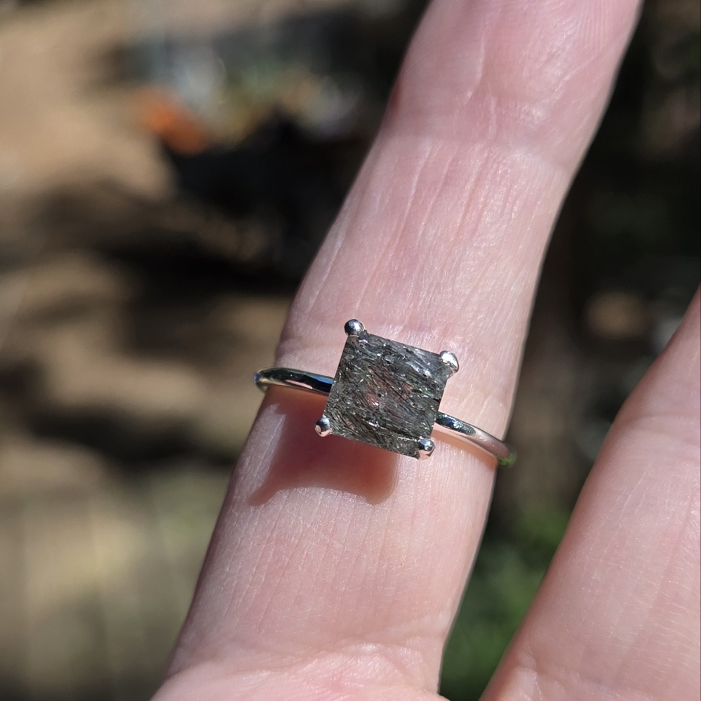 Rutilated Quarts Natural 3.5k Solitaire Emerald  Cut Sterling Ring Sz7.5 - Picture 6 of 12